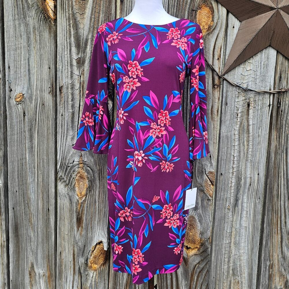 Size 6 Purple Floral Dress Calvin Klein Stretch 3/4 Flare Bell Sleeve CK New
